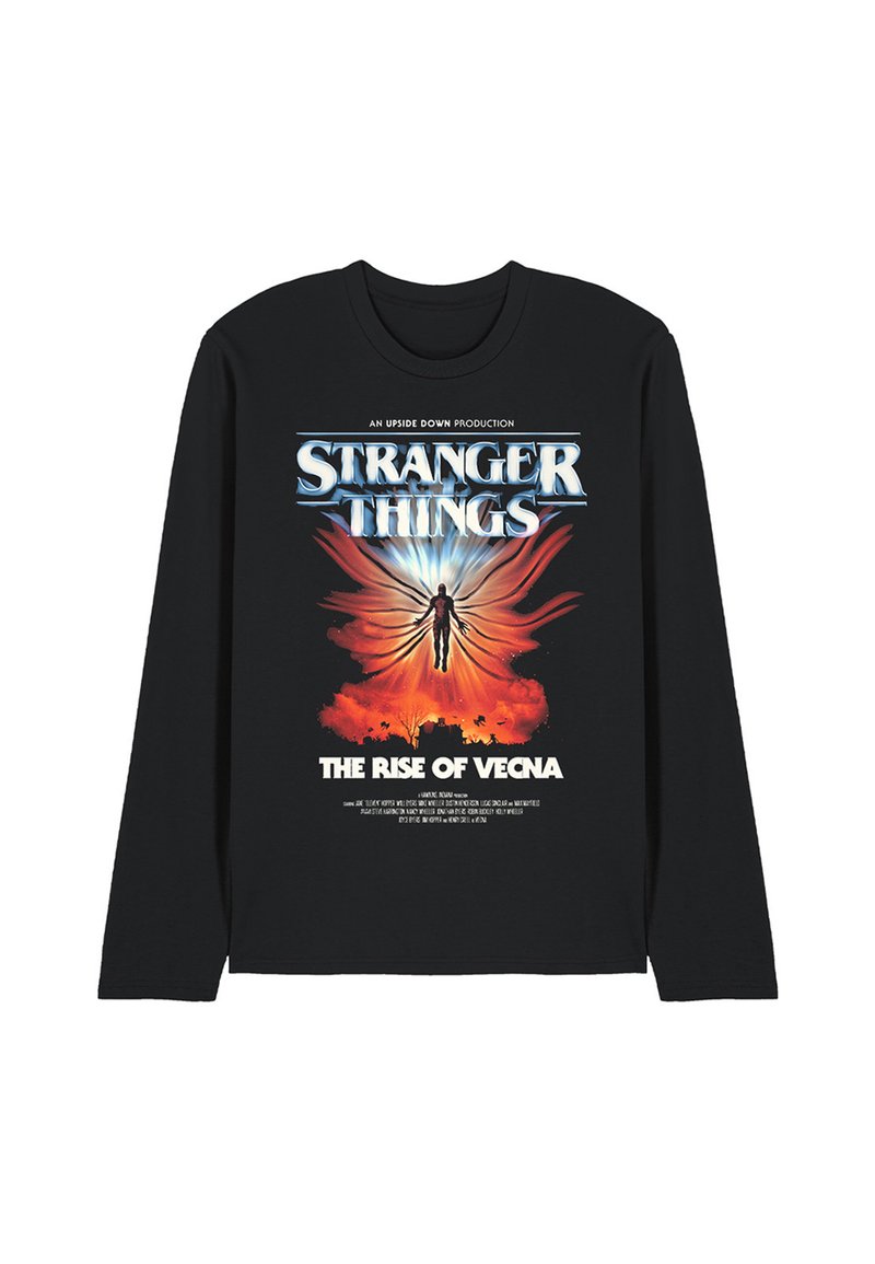 Schwarzes langärmliges T-Shirt mit einem grafischen Design, das den Text "Stranger Things" und "The Rise of Vecna" vor einem bunten Hintergrund zeigt.