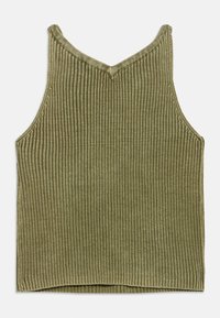 Λαδί ριμπ τοπ με τιράντες, με λαιμόκοψη V και αμάνικο σχέδιο, με υφή υφάσματος και ίσια ραφή στο τελείωμα.