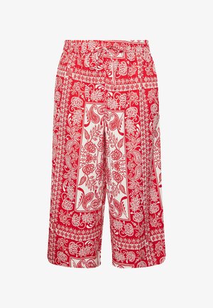 Røde og hvide mønstrede shorts med snøre, prydet med paisley- og blomsterdesigns, knælange og løstsiddende.