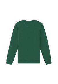 Green sweatshirt made of cotton blend, featuring a round neckline, long sleeves, and ribbed cuffs and hem. Smooth texture, no patterns.
