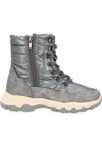 Botas de invierno grises con un diseño acolchado, que cuentan con una cremallera lateral y cordones en la parte delantera, hechas de materiales sintéticos con un acento de ante texturizado.