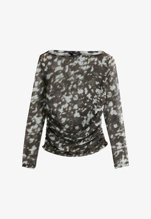 Langärmlige transparente Bluse mit abstraktem schwarz-weißem Muster, gerafften Seiten und weitem Boot-Ausschnitt.