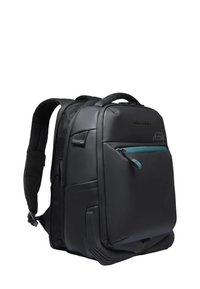 Sac à dos noir en matériau durable de forme rectangulaire, doté d'une poche frontale zippée avec un accent bleu sarcelle et de bretelles rembourrées.