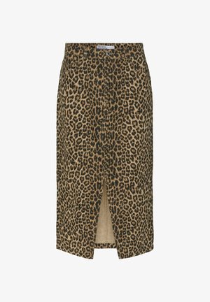 Leopardprint midi-nederdel i tan og sort. Har en frontslids og en tætsiddende design med en livvidde. Lavet af tekstureret stof.