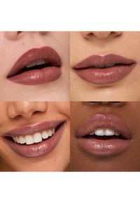 Cuatro imágenes de cerca de labios: varios tonos de colores labiales mate y brillantes, con tonos neutros y marrones suaves, mostrando diferentes formas y sonrisas.