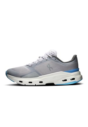 Light gray athletic shoe with white sole, blue accents, mesh upper, logo on side, and laces, shown in right side profile on white background.