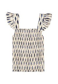Geweven top met blauwe en crèmekleurige verticale strepen, voorzien van rimpelbandjes en een gerimpelde corsage voor een textuur effect.