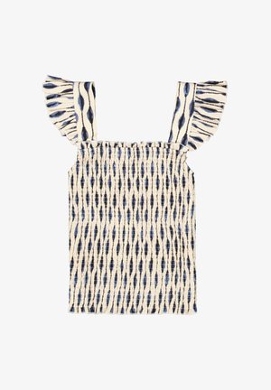 Haut en tissu avec des rayures verticales bleues et crème, présentant des bretelles froncées et un corsage smocké pour un aspect texturé.