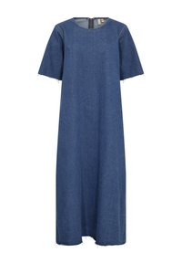 Denim obleka v temno modri barvi s kratkimi rokavi, okroglo izrezom in robom s surovim robom. Ima zadrgo na hrbtni strani za zapiranje. Casual, ohlapen kroj.