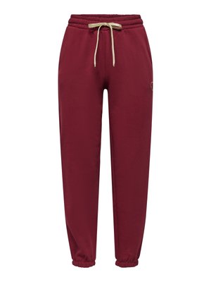 Pantalon de jogging marron avec taille élastique et cordon beige, avec poignets élastiques et un petit cœur brodé sur le côté droit.