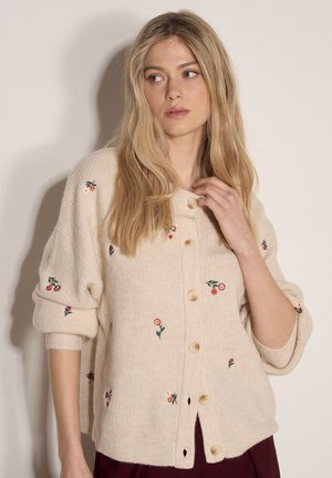Apricot, SOFT RIBBED KNIT FLORAL EMBROIDERED CARDIGAN - Chaqueta de punto - stone