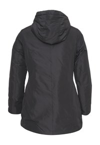 Giubbotto invernale nero imbottito con cappuccio, maniche lunghe e dettagli sulle cuciture, mostrato da dietro su uno sfondo bianco.