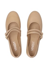 Brune leren Mary Jane-schoenen met een afgeronde neus, dubbelbandontwerp met gouden gespen, platte zool en gevoerde binnenzool.