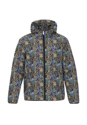 Colorful patterned jacket featuring a hood, made from a lightweight material with a black base, adorned with various graphic icons in bright colors.