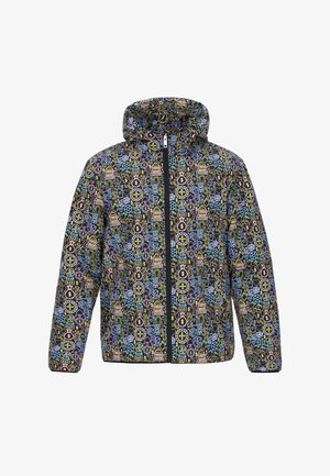 Erinevate mustritega jope, millel on kapuuts, valmistatud kergest materjalist mustal põhjal, kaunistatud erinevate graafiliste ikonidega erksates värvides.