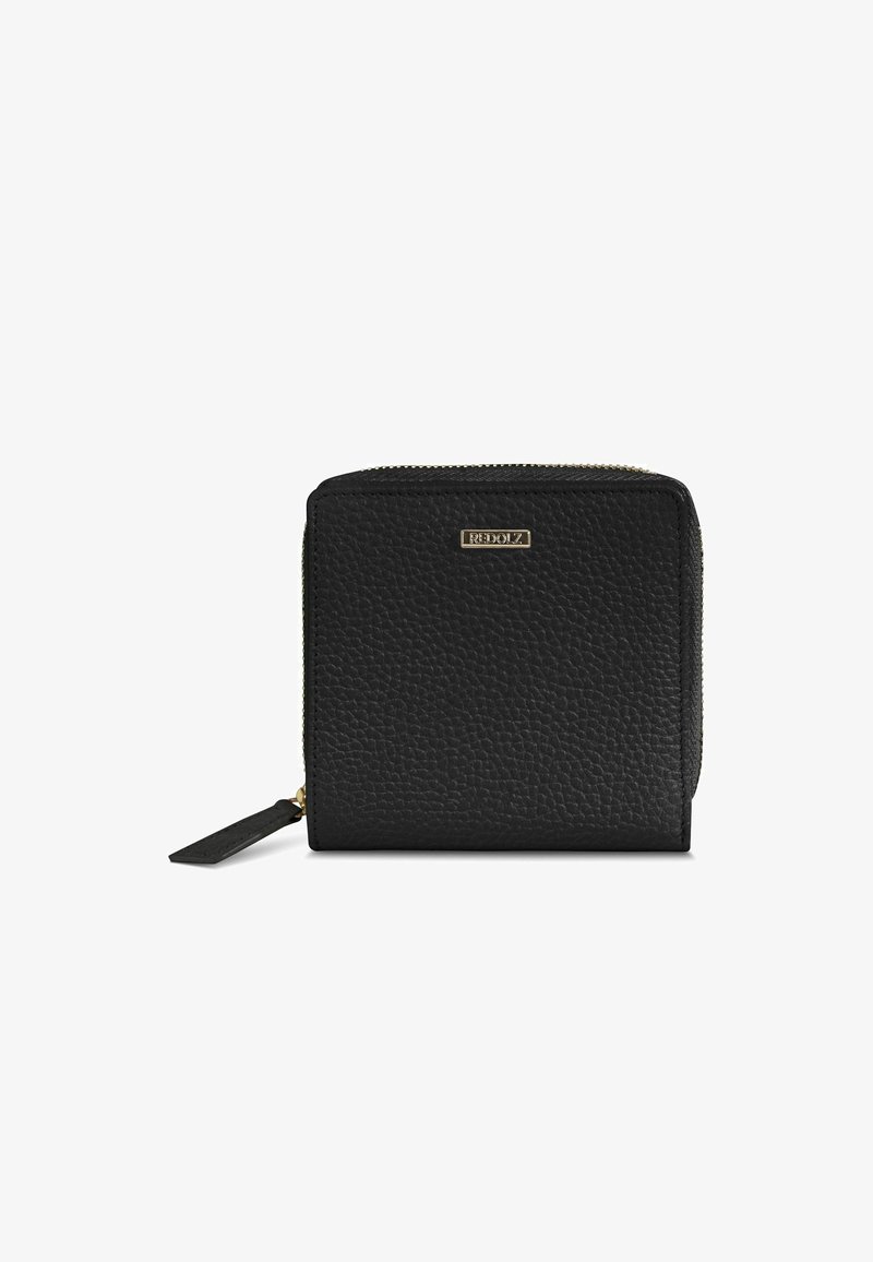 Zwarte leren ritsportemonnee met een gestructureerd oppervlak, gouden hardware en een klein labelaccent. Compact vierkant formaat voor gemakkelijke hantering.