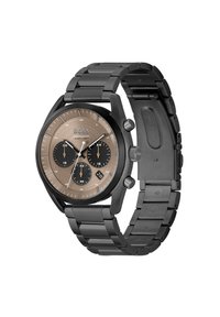 Montre chronographe avec un cadran marron, boîtier et bracelet en acier inoxydable noir. Comprend trois sous-cadrans noirs et une fenêtre de date à 6 heures.