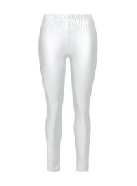 Bílé legíny vyrobené z hladkého, lesklého materiálu s elastickým pasem. Přiléhavý střih se zužuje u kotníků bez vzorů nebo akcentů.
