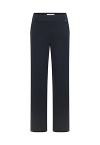 Marineblauwe wijde broek van rekbaar materiaal, voorzien van een gladde tailleband en geen zichtbare zakken, met een strakke, minimalistische uitstraling.