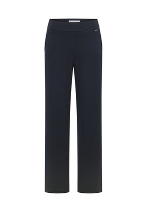 Marineblauwe wijde broek van rekbaar materiaal, voorzien van een gladde tailleband en geen zichtbare zakken, met een strakke, minimalistische uitstraling.