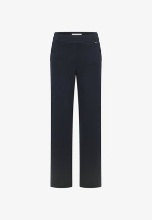Pantaloni a gamba larga blu navy realizzati in tessuto elasticizzato, dotati di una cintura liscia e senza tasche visibili, con un design pulito e minimalista.