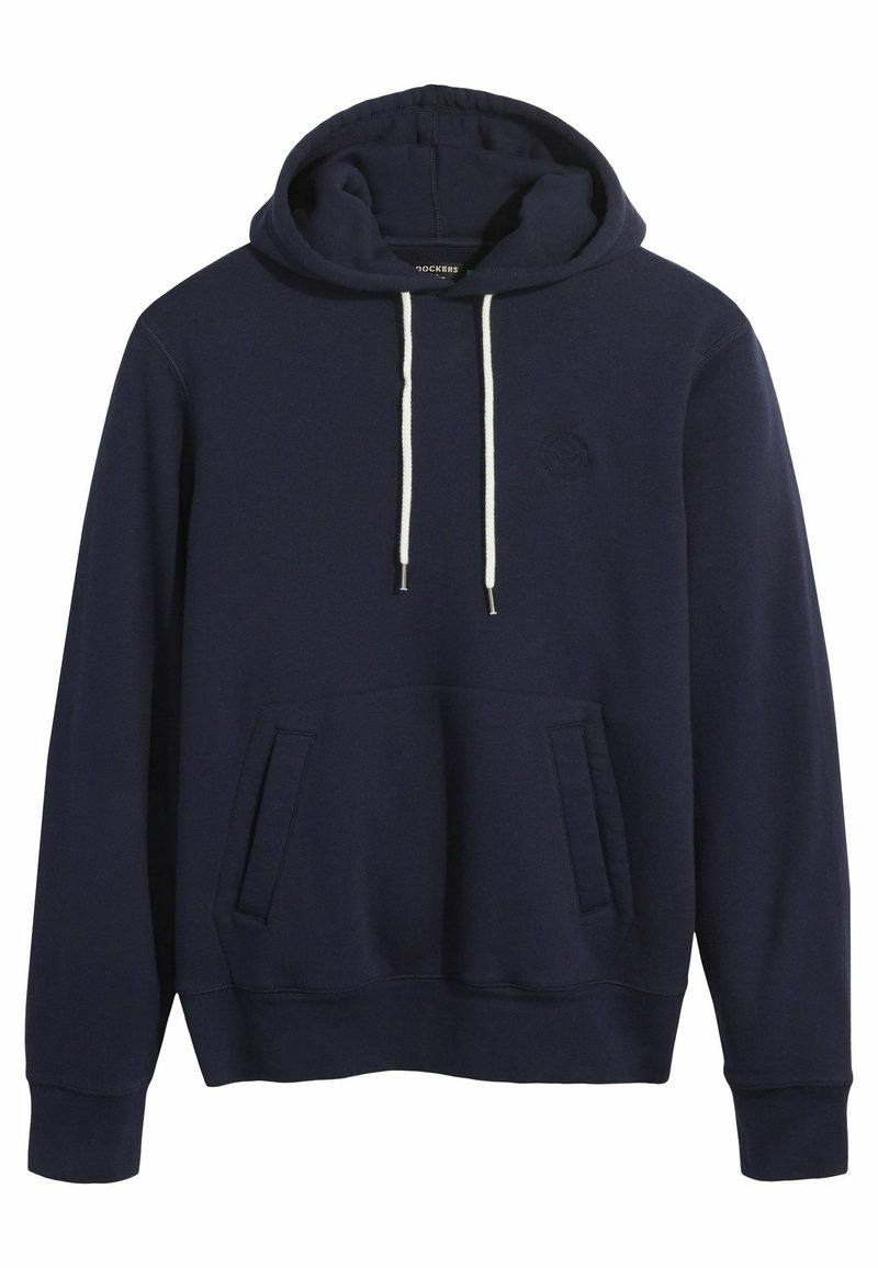 Marineblauwe hoodie met witte trekkoorden, buidelzak, ribgebreide manchetten en subtiel reliëflogo op de borst.