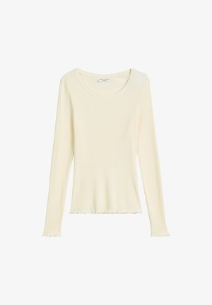 Długi rękaw, prążkowany top w jasnym kremowym kolorze. Posiada okrągły dekolt i postrzępiony dół, wykonany z elastycznego materiału dla większego komfortu.