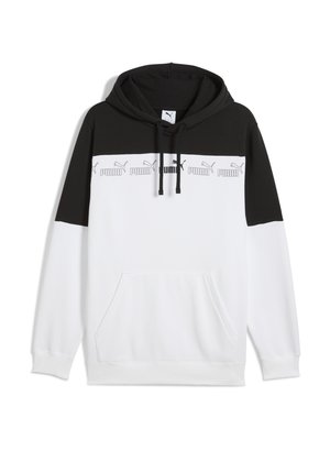 Zwarte en witte hoodie met een kangaroo-pocket, gedurfde Puma-logo band en contrasterende mouwen. Gemaakt van zacht, ademend materiaal.