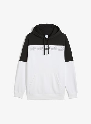 Kapuzensweatshirt in Schwarz und Weiß, mit Kängurutasche, kräftiger Puma-Logo-Band und kontrastierenden Ärmeln. Hergestellt aus weichem, atmungsaktivem Material.