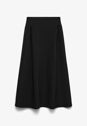 Mustre seelik kõrge vöökohtaga, kogutud külgedetailidega, voolava siluetiga ja siledast tekstuurist. Pikkus üle pahkluude.