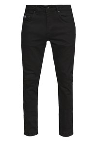 Svarta slim-fit-jeans med framfickor, bältesöglor och knappstängning, uppvisade på en vit bakgrund.