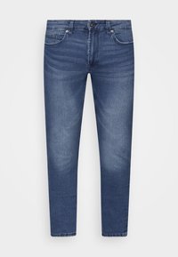 Slim-fit denim jeans i mørkeblå med en falmet effekt, med fem lommer, metallbeslag og en klassisk knappelukking.