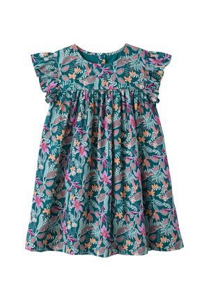 Kinder-Türkis-Kleid mit flatternden Ärmeln, geraffter Taille und einem Muster aus rosa, orange und grauen Blumen und Blättern.