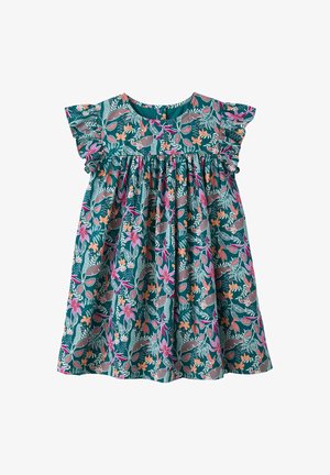 Children’s teal dress with flutter sleeves, gathered waist, and pink, orange, and gray floral and leafy pattern.