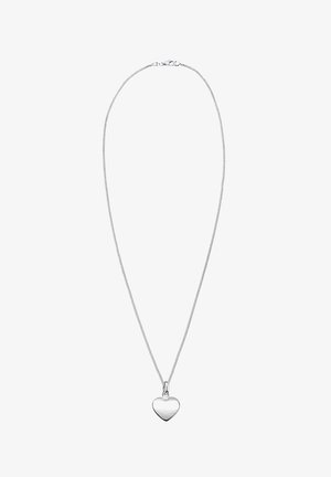 Collana d'argento con una catena sottile e un ciondolo a forma di cuore lucido. Il ciondolo presenta una superficie liscia e un design semplice.