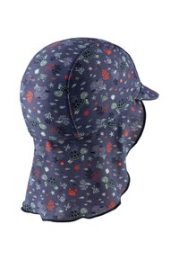 Navy blue sun hat with patterned marine life, including turtles and coral. Features a curved brim and extended neck coverage with a scalloped edge.