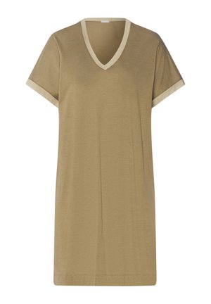 Sukienka t-shirtowa z dekoltem w serek w kolorze khaki z kontrastowymi jasnobeżowymi wykończeniami na rękawach i dekolcie; wykonana z miękkiego, lekkiego materiału, o luźnym kroju.