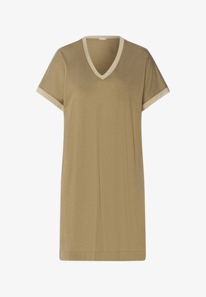 Sukienka t-shirtowa z dekoltem w serek w kolorze khaki z kontrastowymi jasnobeżowymi wykończeniami na rękawach i dekolcie; wykonana z miękkiego, lekkiego materiału, o luźnym kroju.