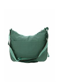 Sac vert texturé avec un corps spacieux, une bandoulière réglable, une poche avant et une fermeture éclair. Finition lisse avec un matériau durable.