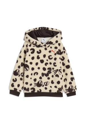 Fleece hoodie med cremefarvet baggrund, mørkebrune abstrakte pletter og katteansigtsmønster, sort manchet og rød Puma-logo på brystet.