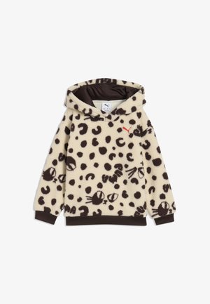 Sudadera con capucha de forro polar con fondo crema, manchas abstractas marrón oscuro y patrón de caras de gatos, puños negros y logo rojo de Puma en el pecho.