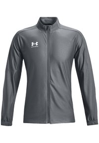 Giacca sportiva grigia realizzata in tessuto morbido, con colletto alto, zip frontale completa e logo Under Armour bianco sul lato sinistro del petto.