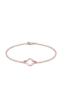 Rose gold bracelet with a delicate chain and a central clover-shaped charm. Features a spring clasp and smooth, polished surfaces.
