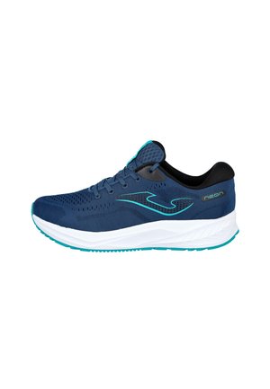 Zapatilla de correr azul marino y turquesa con suela blanca, cordones en la parte delantera, parte superior de malla transpirable, logo lateral y cuello negro acolchado.