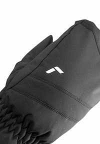 Black fabric gloves featuring a textured surface and elasticized wrist. A white logo is visible on the upper side for branding.
