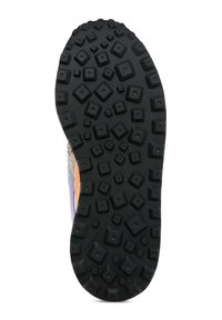 Colorful sneaker sole with various textured rectangular and square lugs. Material: rubber. Features logo at the center near the heel.