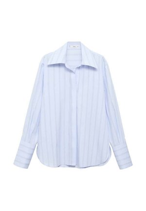 Light blue long-sleeve shirt with vertical white stripes, a pointed collar, and button closure. Features a relaxed fit and cuffed sleeves.