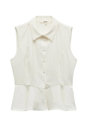 Blouse blanche sans manches avec un col, dotée d'une fermeture par boutons à l'avant et d'un tissu texturé. Le bas a un design peplum subtil.