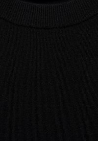 Black ribbed knit fabric featuring a crew neckline. The texture is smooth with uniform stitching and a consistent pattern throughout.