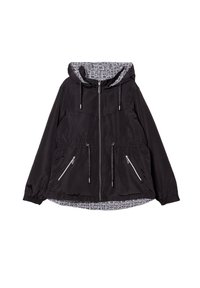 Schwarze leichte Jacke mit Reißverschluss vorne, Kapuze, elastischen Bündchen und zwei Reißverschlusstaschen; mit einem gemusterten Innenfutter.
